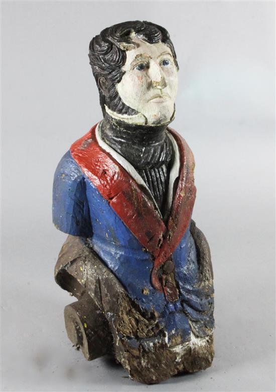 A 19th century painted oak figurehead, carved as the bust of a gentleman, H.3ft 4in.